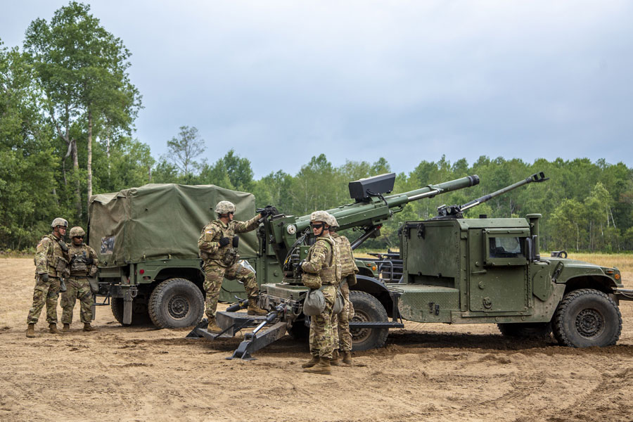 AM General Hum-vee 2-CT Hawkeye MHS (Mobile Howitzer System) with SRT (Soft Recoil Technology) during demonstration at Camp Grayling in Michigan in 2021 [image via AM General and Mandus Group ]